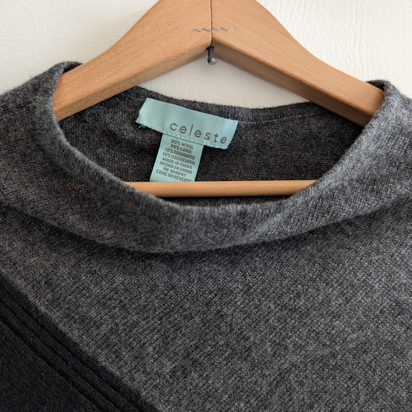 Celeste Wool Cashmere Black & Grey Colorblock Knit Shawl Poncho - Picture 3 of 9